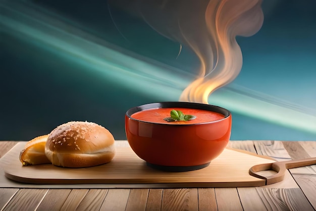 Photo a bowl of tomato soup with a roll on the side