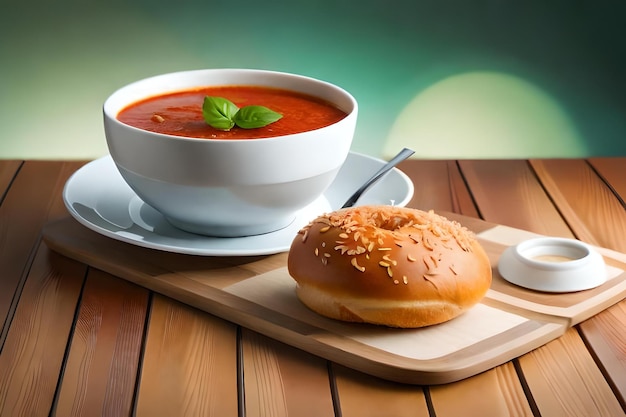 Фото миска томатного супа с рулоном на стороне