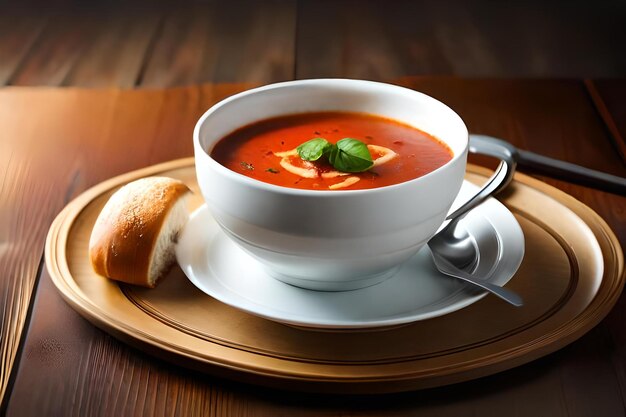 Photo a bowl of tomato soup with a roll on the side