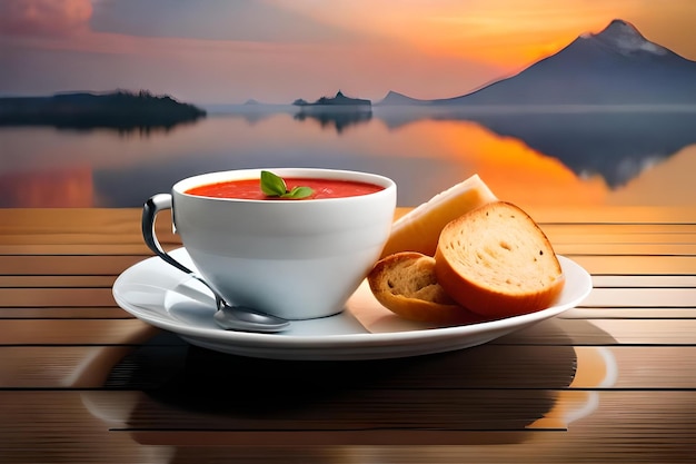 Photo a bowl of tomato soup with a roll on the side