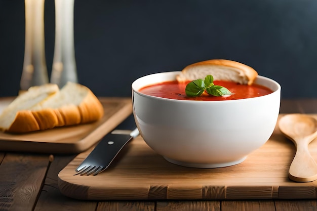 Foto foto una ciotola di zuppa di pomodoro con un rotolo sul lato