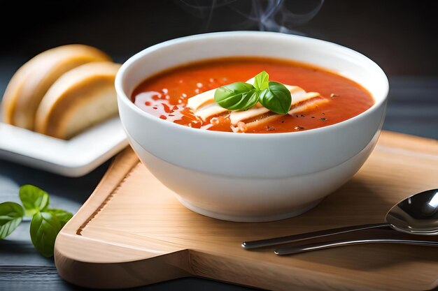 Photo a bowl of tomato soup with a roll on the side