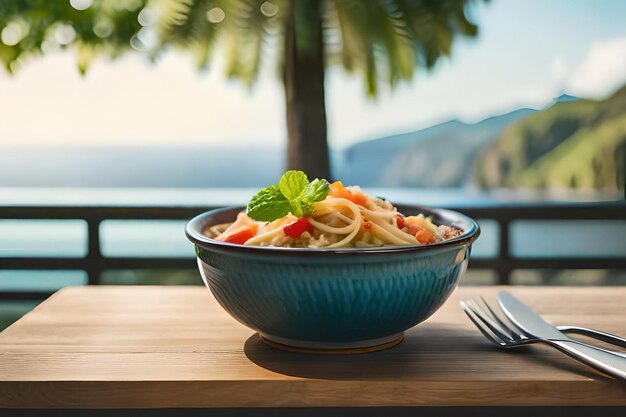 Photo a bowl of vegetable spaghetti with green peas and basil on a white table