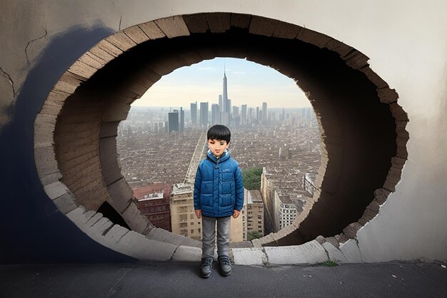 Photo photo a boy stands in a hole in a wall that has a picture of a city in the background