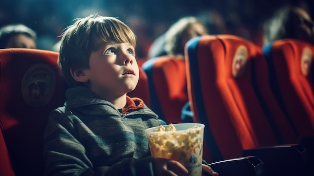 Фотография мальчика, смотрящего захватывающий фильм в темном кинотеатре