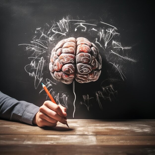 photo brain writes with white chalk is on hand draw concept
