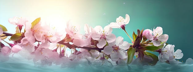Фотография ветки цветущей сакуры, на которой светит солнце.