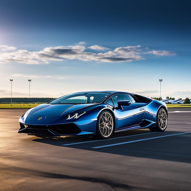 photo of a brand new dark metallicblue lamborghini huracan standing on an empty airfield sunny day