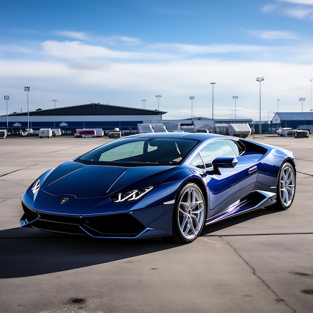 photo of a brand new dark metallicblue lamborghini huracan standing on an empty airfield sunny day