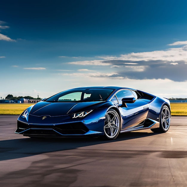 Foto foto di una nuovissima lamborghini huracan blu metallizzato scuro in piedi in una giornata soleggiata di un aeroporto vuoto