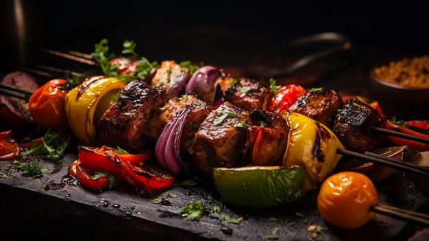 Photo in the photo a brazier with kebab vegetables and coals