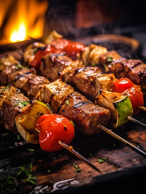 Foto nella foto un braciere con verdure kebab e carbone