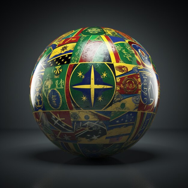 Photo brazilian flag painted on sphere with religions symbols around 3d rendering