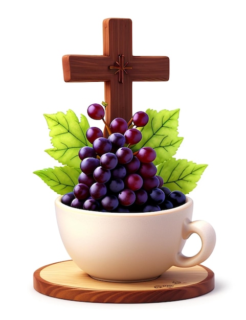 Photo bread cup grapes and wooden cross on white background space for text