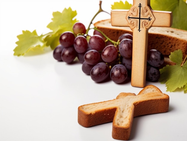 Photo bread grapes in bowls and cup of wine on wooden background space for text