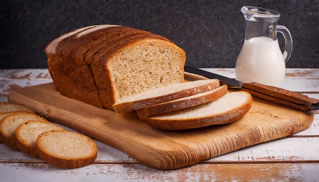 photo of bread slices knife on dark color board generated by AI