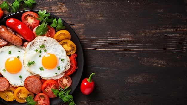 Photo of breakfast and dinner meal with fried sausages bulls eye eggs zucchini