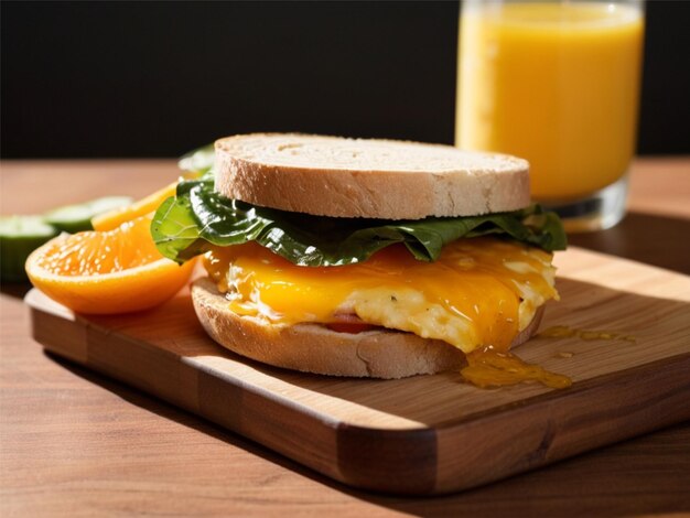 Фото сэндвич на завтрак с апельсиновым соком на доске для резки