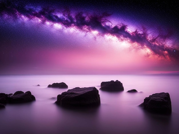 Photo photo breathtaking shot of the sea under a dark and purple sky filled with stars