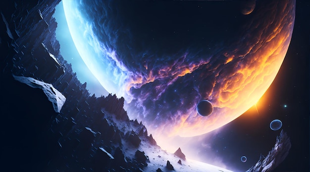 Photo of a breathtaking space scene with majestic mountains and distant planets