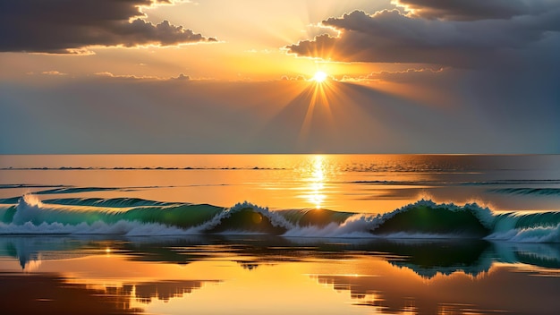 静かな海の波の上で息を吸うような夕暮れの写真