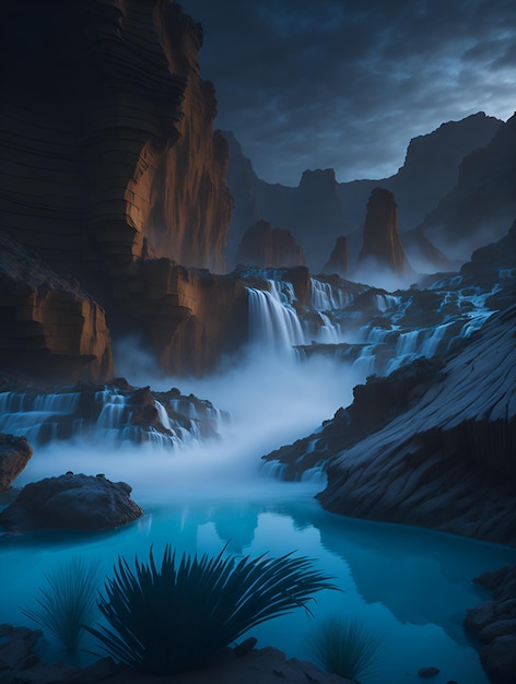 Photo of a breathtaking waterfall in the midst of flowing river waters