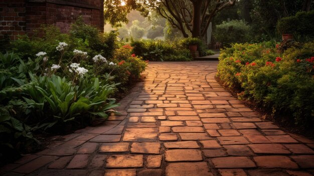 Photo a photo of a brick pathway garden setting