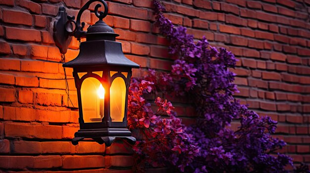 A photo of a brick wall with a wrought iron lantern evening glow