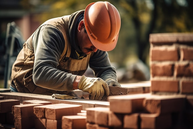 photo bricklaying construction worker building a brick wall