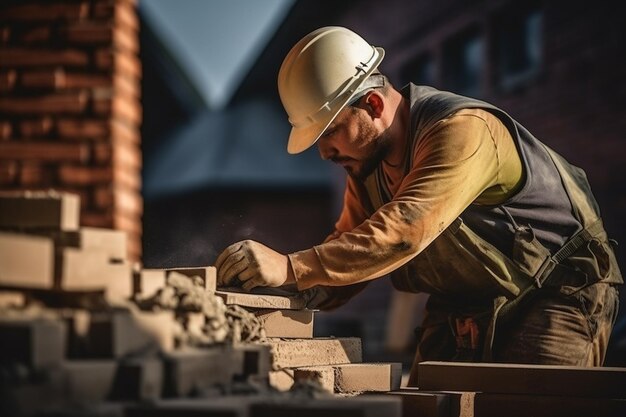 photo bricklaying construction worker building a brick wall