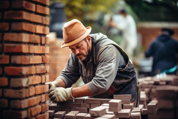 photo bricklaying construction worker building a brick wall