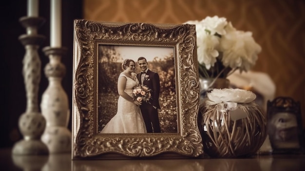 A photo of a bride and groom in a frame