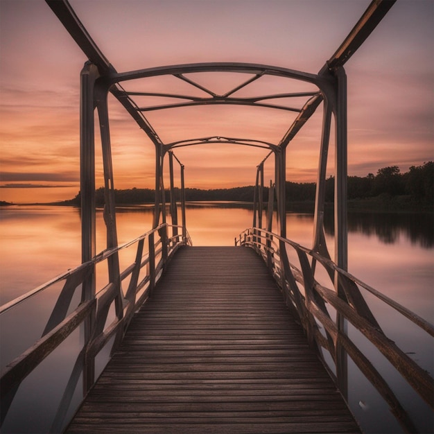 Photo a bridge over a lake at sunset wallpaper