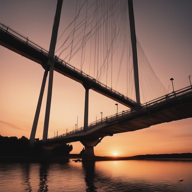 Photo a bridge over a lake at sunset wallpaper