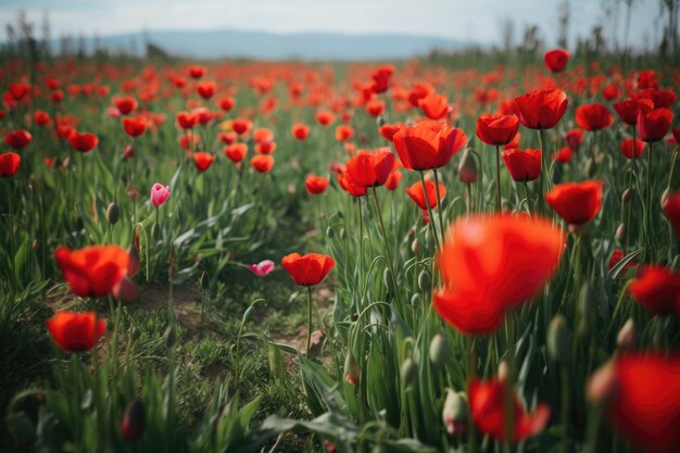 A photo of bright red tulips growing in a field created with generative ai