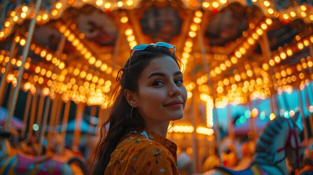 Photo of a brightly dressed woman on a carousel