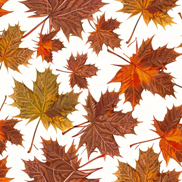 Photo brown and orange maple leaves in white background seamless pattern