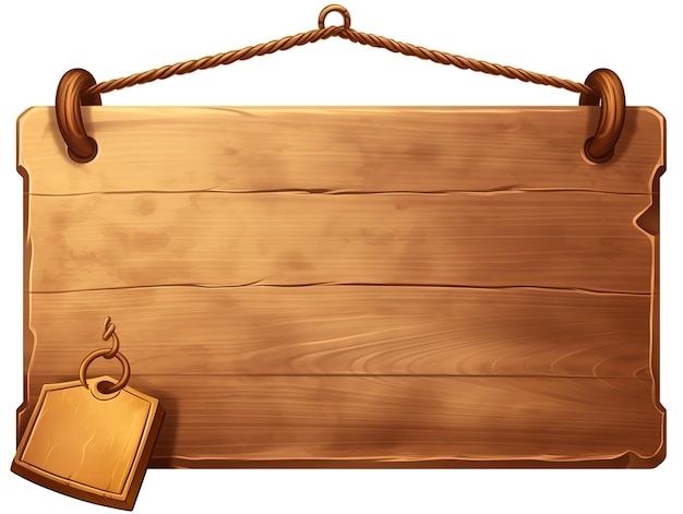 photo of a brown wooden sign hanging on a white background