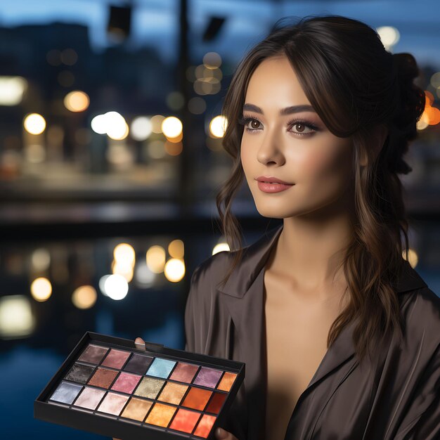 Photo of brunette asian woman holding an eyeshadow palette city skyli concept idea