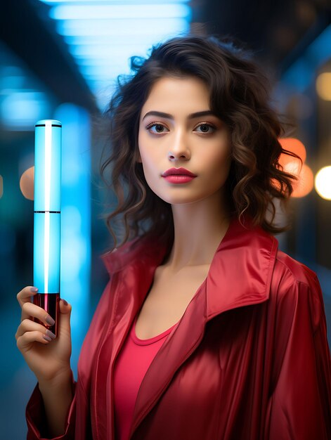 Photo of brunette asian woman holding a lipstick tube vibrant citysca concept idea