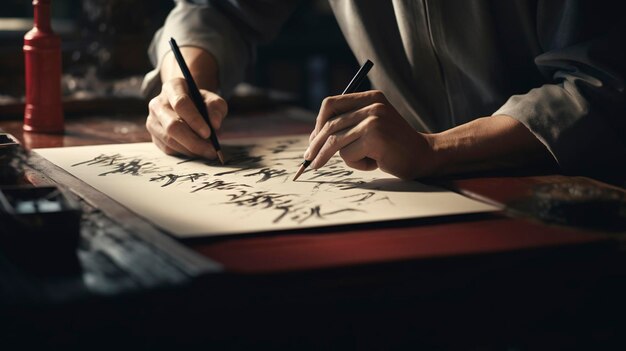 Una foto di un artista di calligrafia a pennello al lavoro