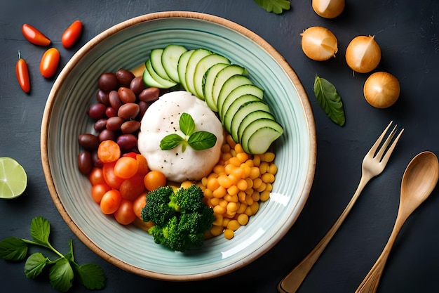 Фото Блюдо с фотографией будды с овощами и бобовыми