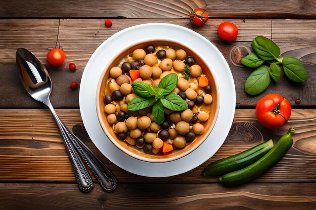 photo buddha bowl dish with vegetables and legumes