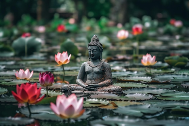 Photo buddha purnima vesak day background buddha statue with lotus flower and candle light side on r