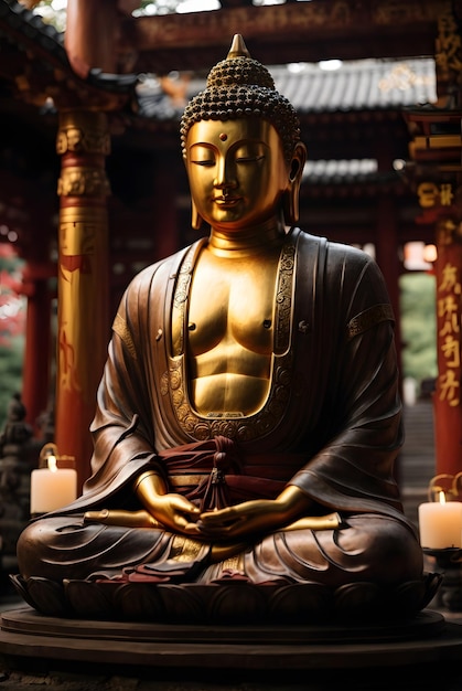 Foto foto della statua del buddha sull'antico tempio giapponese