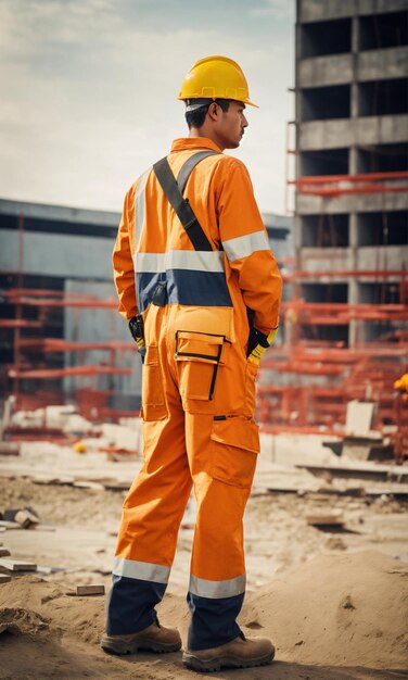 Photo The builder in a construction vest and orange helmet standing on studio background