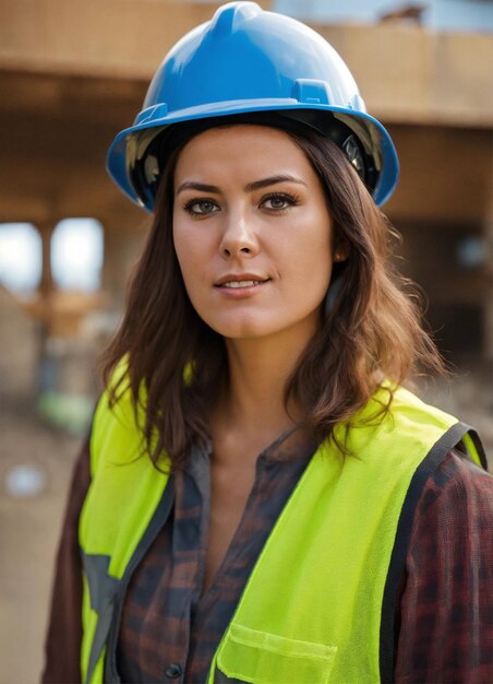 Photo The builder in a construction vest and orange helmet standing on studio background