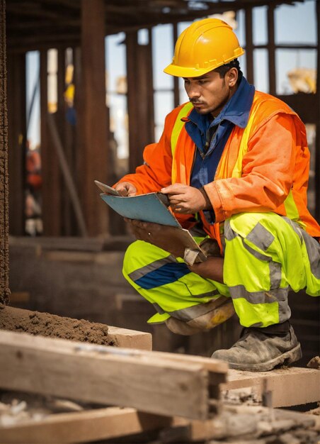 Photo The builder in a construction vest and orange helmet standing on studio background