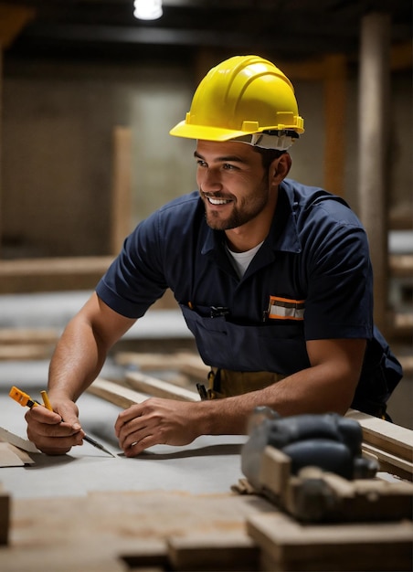Photo The builder in a construction vest and orange helmet standing on studio background