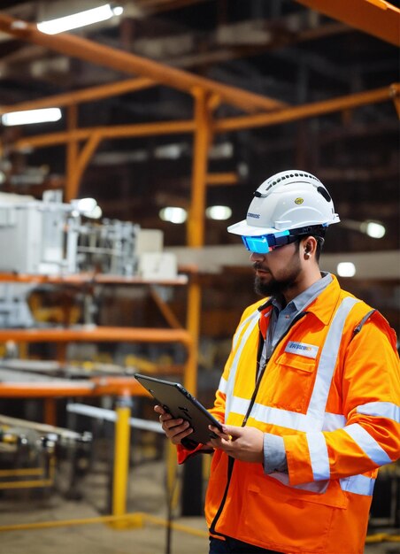 Photo The builder in a construction vest and orange helmet standing on studio background